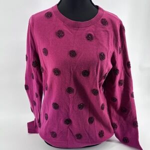 Talbots Embellished Tinsel Polka Dot Sweater Petite L  Long Sleeve Magenta